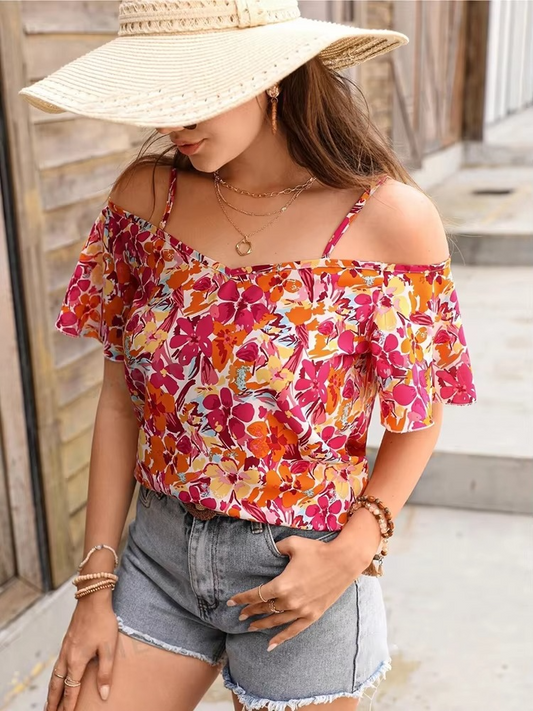 Floral Print Strap Off Shoulder Short Sleeve Top