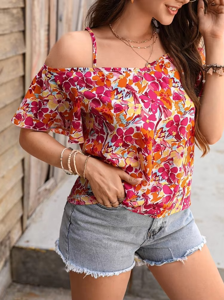 Floral Print Strap Off Shoulder Short Sleeve Top