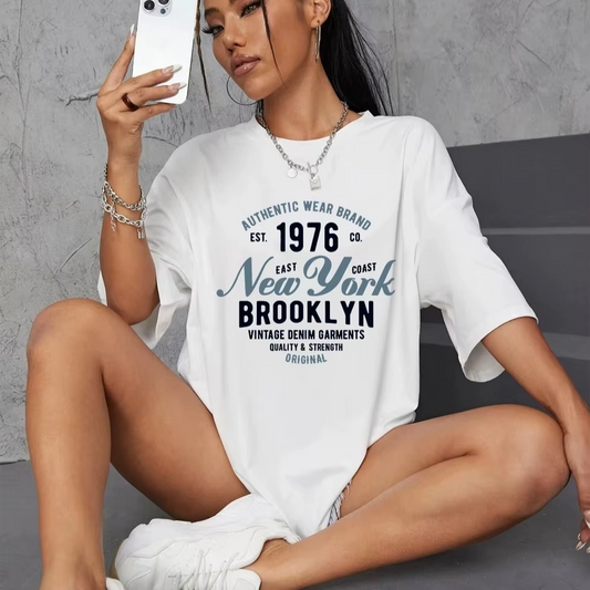 New York Brooklyn Est 1976 Letter Prints T-Shirt Women
