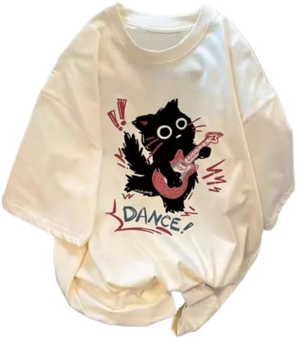 American Retro Guitar Black Cat Print Short-sleeve T-shirt