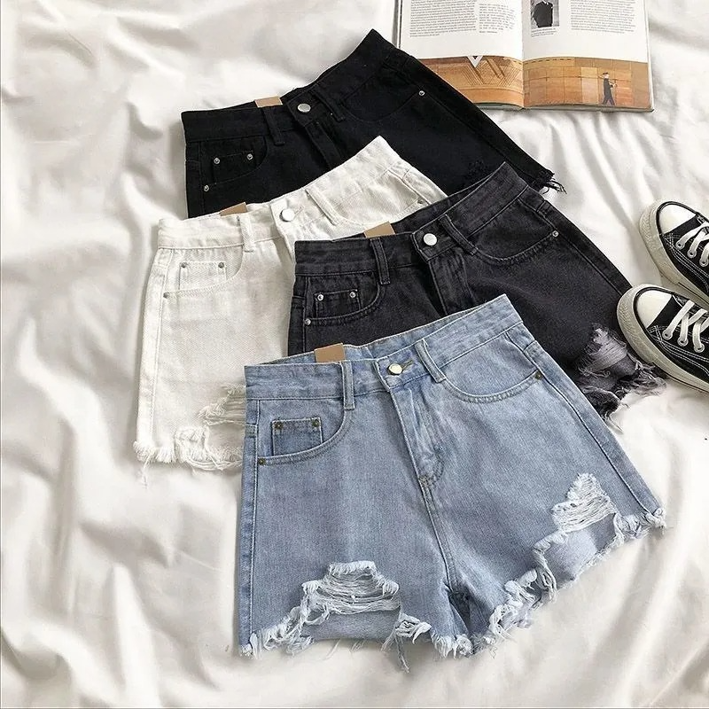Denim Shorts Women Summer Fashion Casual High Waist Ripped Jeans Pocket Tassel Y2K Hot Pants Streetwear Blue Trousers