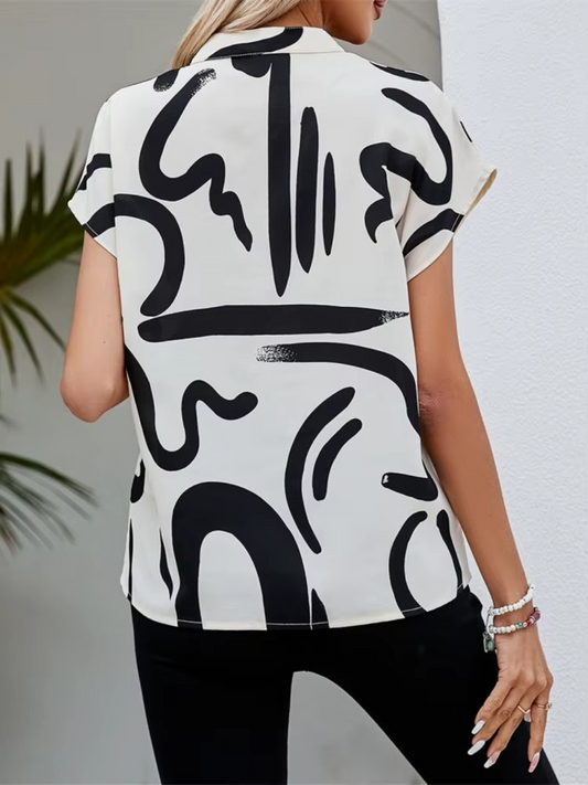 Casual Short Batwing Sleeve V-Neck Printed Blouse Tops