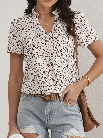 Ladies Ditsy Floral Frill Trim Notch Neck Puff Sleeve Blouse Women Tops Shirts