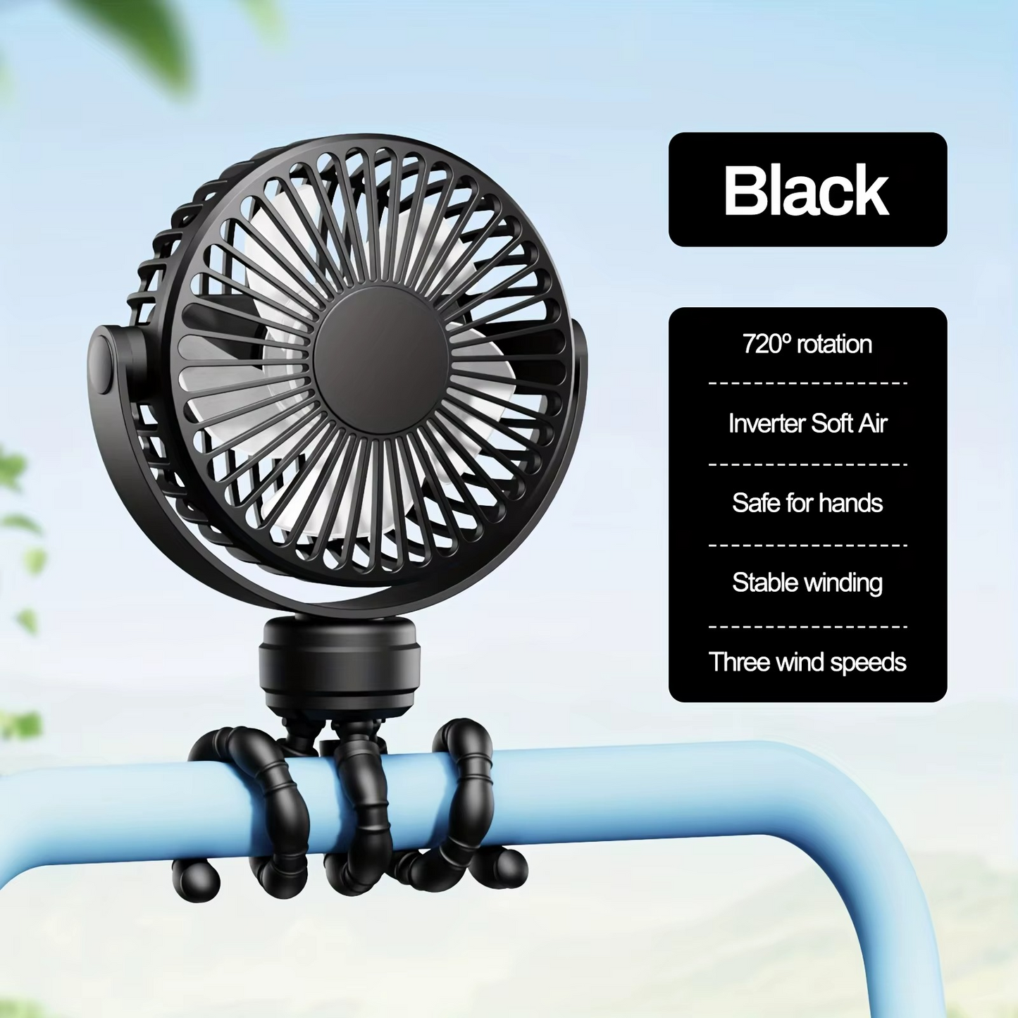 Portable Flexible Tripod Mini Fan 3-Speed Rechargeable Stroller Fan with 360° Rotation