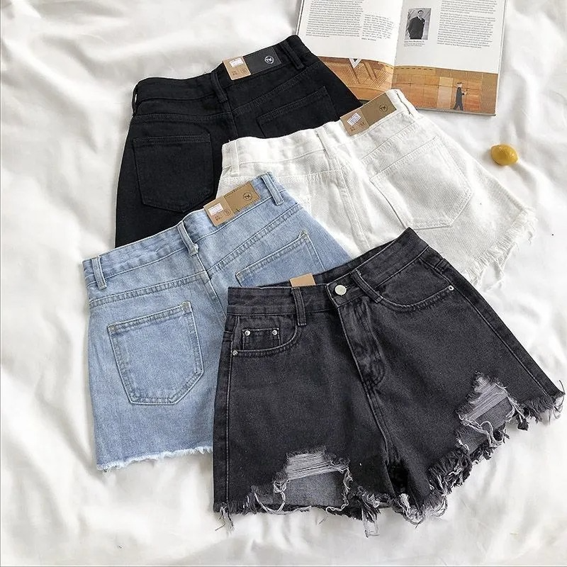 Denim Shorts Women Summer Fashion Casual High Waist Ripped Jeans Pocket Tassel Y2K Hot Pants Streetwear Blue Trousers