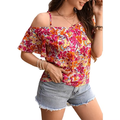 Floral Print Strap Off Shoulder Short Sleeve Top