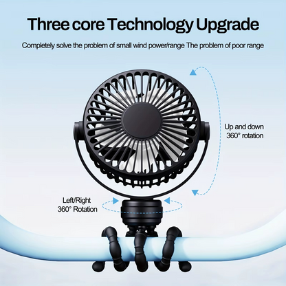 Portable Flexible Tripod Mini Fan 3-Speed Rechargeable Stroller Fan with 360° Rotation