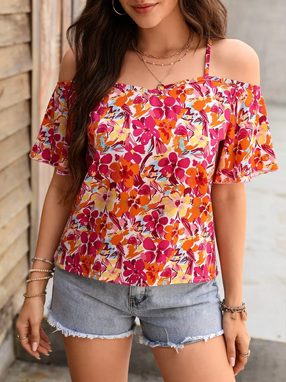 Floral Print Strap Off Shoulder Short Sleeve Top