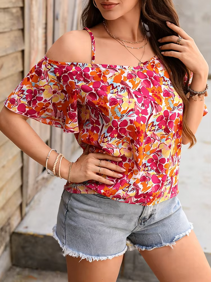 Floral Print Strap Off Shoulder Short Sleeve Top