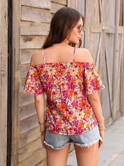 Floral Print Strap Off Shoulder Short Sleeve Top