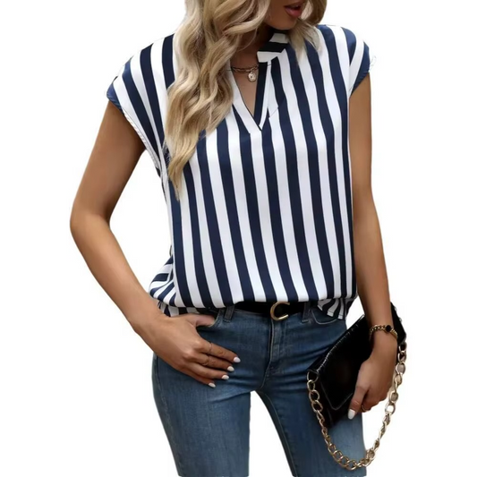 Vertical Stripe V Neck Short Sleeve Casual Tops