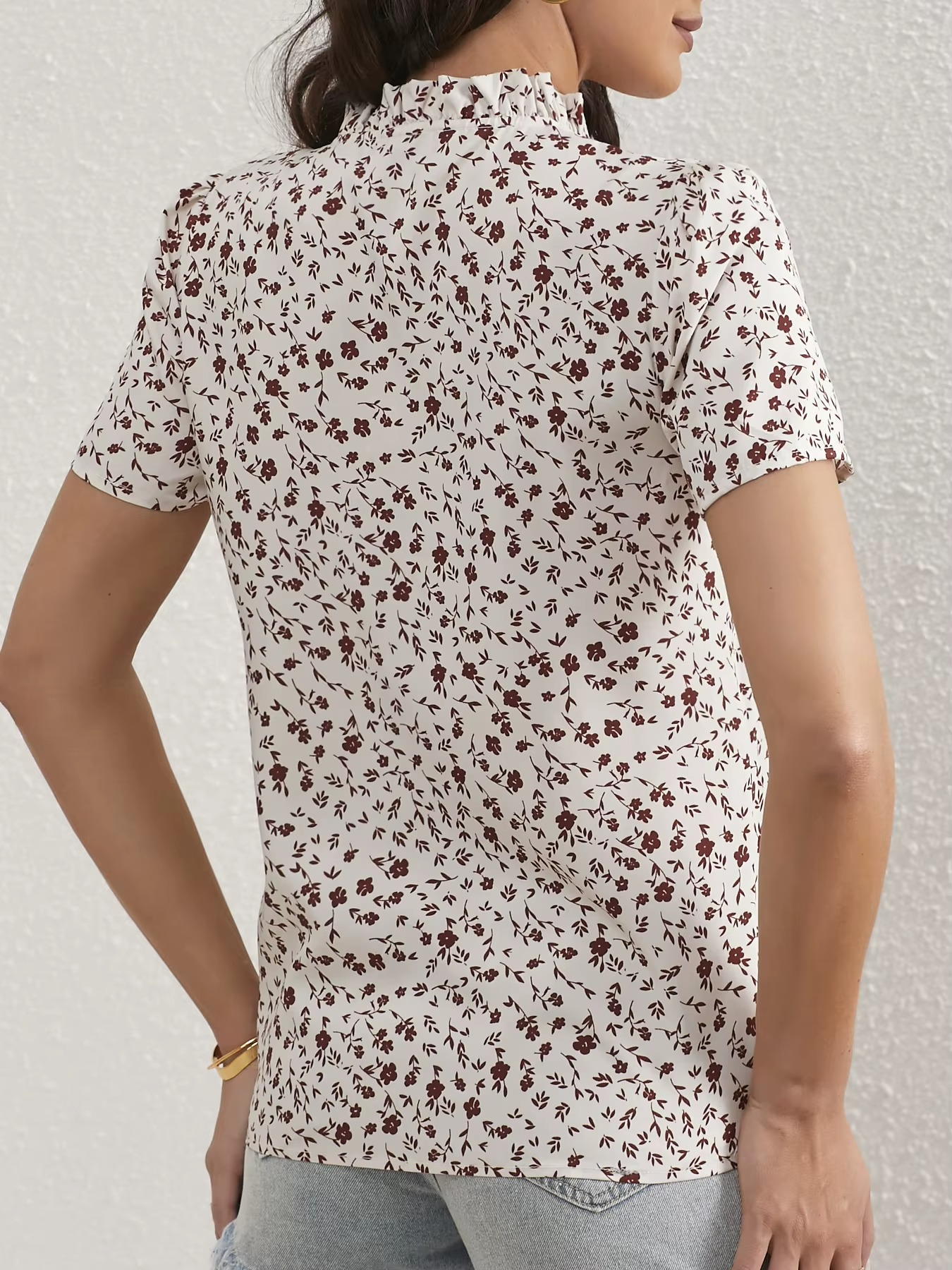 Ladies Ditsy Floral Frill Trim Notch Neck Puff Sleeve Blouse Women Tops Shirts