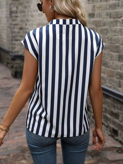 Vertical Stripe V Neck Short Sleeve Casual Tops
